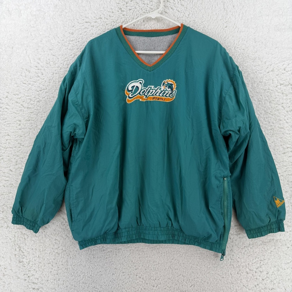 VINTAGE Miami Dolphins Jacket Mens Large Green NFL Football V Neck Mighty Mac